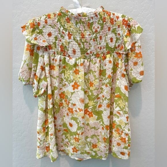 ENTRO | 70s Boho Floral Smocked Puff Sleeve Blouse Top | Medium - Picture 6 of 8